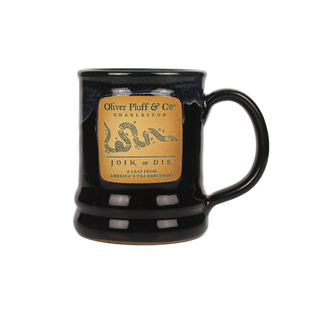 front view of black and navy mug with join or die emblem