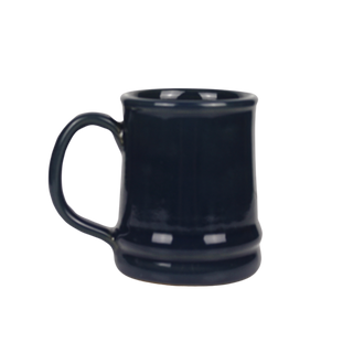 the back of a blue ceramic mug