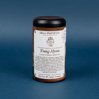 Tea canister labeled 'Young Hyson' on a blue background