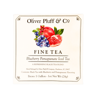 exterior of blueberry pomegranate iced tea envelope with black writing and watercolor blueberries and pomegranate