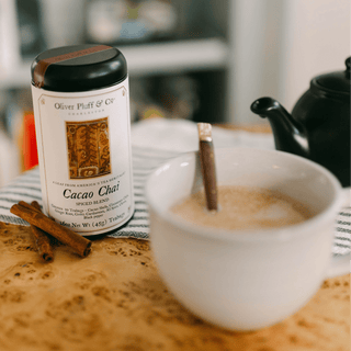 cup of brewed cacao chai tea on kitchen counter