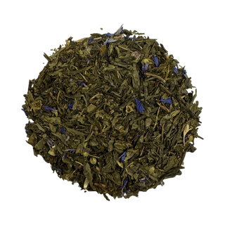 Green tea leaves with lavender blue flower petals on a white background