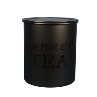7.5" tall black tea canister that reads Oliver Pluff & Co. Tea