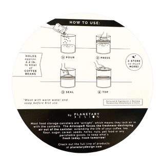 Instructions for using a coffee bean storage canister with black and white design.