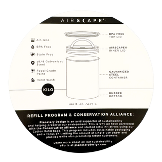 Diagram of a cylindrical container labeled 'Airscape' with features and branding details.
