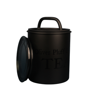 Black ceramic tea canister with 'Oliver Pluff' branding