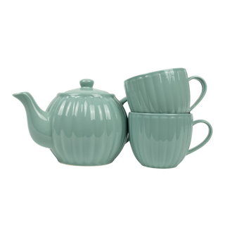 Ribbed green/blue teapot and tea mugs on white background