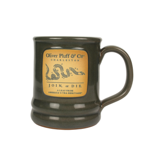 sage green ceramic mug with join or die on front