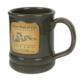 zoomed in view of sage green ceramic mug with join or die