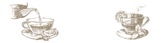 Illustration of a teacup being filled with tea and another teacup with lemon slices and flowers on a white background.