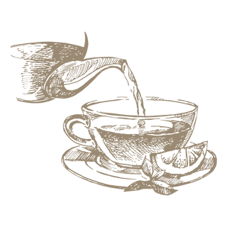 Illustration of a teacup with lemon and mint leaves on a white background
