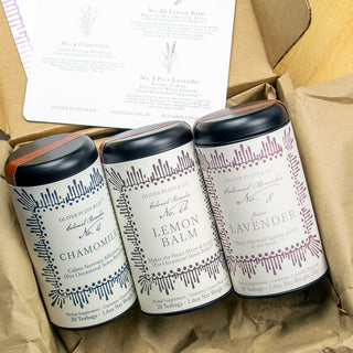 three black tea tins in a wooden packaging box with instructions