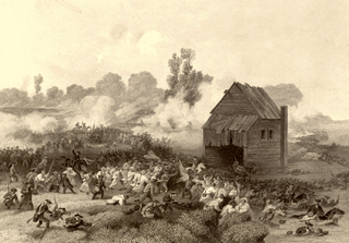 vintage etching of the battle of long island featuring colonial people in battle