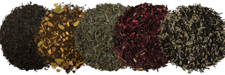 circular piles of loose tea blends stacked on top of one another