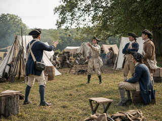 colonial soldiers in an encampment playing catch