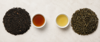loose leaf decaf black tea and loose leaf decaf green tea next to brewed cups of each tea type