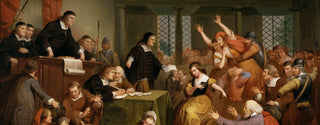 Painting of George Jacobs’s witchcraft trial, showing Jacobs kneeling before the judges in a crowded Salem courtroom.