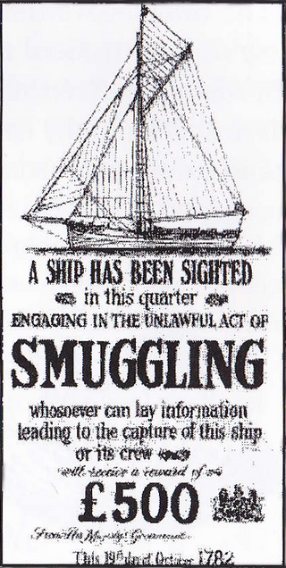 old timey black and white poster of a ship and writing warning against tea smuggling