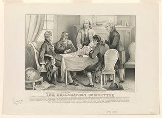 the committee of 5 etching; 5 colonial men sitting around a table with papers