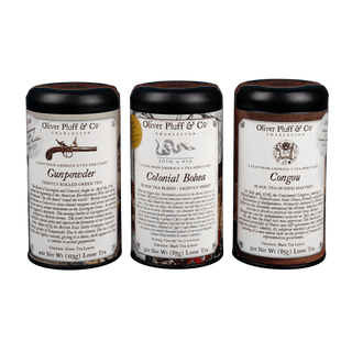 Three tea canisters from Oliver Pluff & Co on a white background