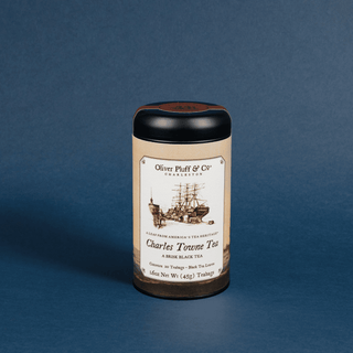 tea tin with black lid that reads 'charles towne tea' with a ship sketch design
