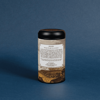 Tea canister with label on a blue background
