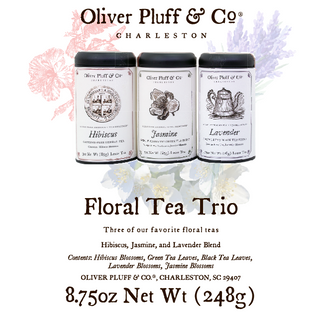 magazine ad for three black tea tins in a row and explanation of floral teas