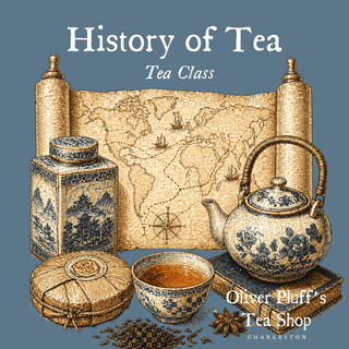 Tea-themed graphic with antique tea set and world map, featuring 'History of Tea' and 'Oliver Pluff's Tea Shop'.
