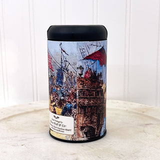 back view of boston tea party graphic on decorative tea tin