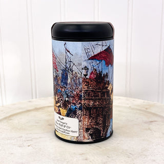 Boston Tea Party  images on label of black Loose Tea Commemorative Tin