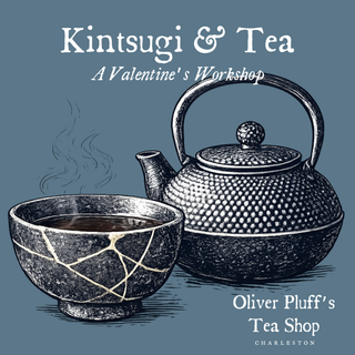 drawing of a kintsugi bowl next to a cast iron teapot