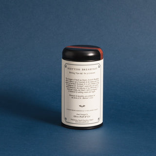 brewing instructions on black tea tin against blue background