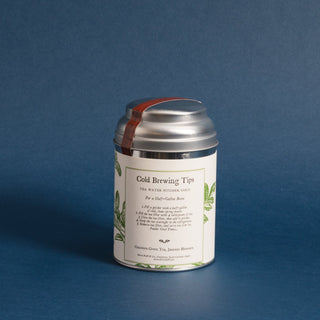 brewing instructions on small silver tea tin with green flowery design