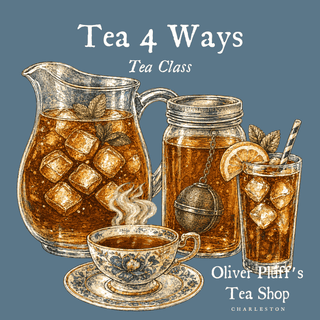 Illustration of tea set with pitcher, cup, and glass on a blue background with 'Tea 4 Ways' text.