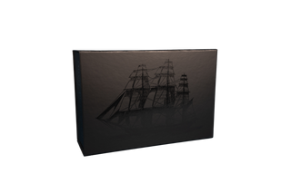 a black rectangular gift set box with a glossy ship on the front

