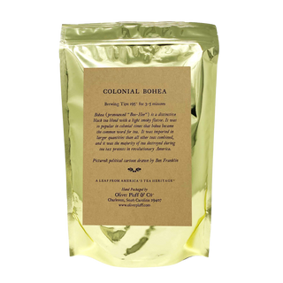 Tea package with 'Colonial Bohea' text on a white background