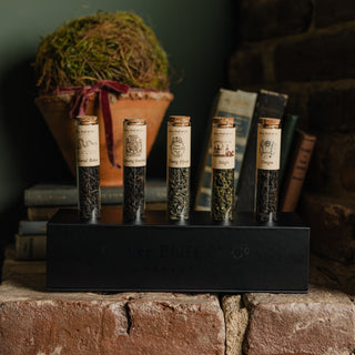 5 tubes of green or black tea with labels in black rectangular stand on brick fireplace with books in the background