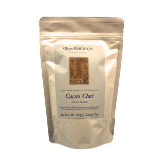 Package of Oliver Pluff & Co Cacao Chai tea blend on a white background