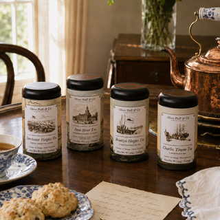 four tea tins sitting on wood tabletop surrounded by pastries on a blue plate and copper tea kettle