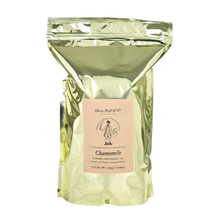 Gold foil 1 lb bag with chamomile written on kraft paper label