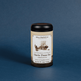 Tea canister with label on a blue background