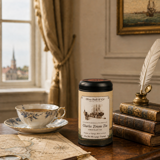 tea canister sitting on wood desk in front of a window looking out over a church steeple
