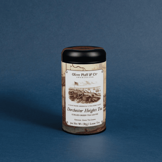 tea canister with vintage label on a blue background