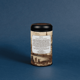 Tea canister with vintage design on a blue background