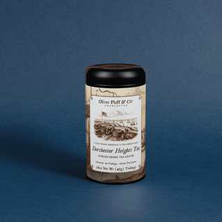tea canister with vintage label on a blue background