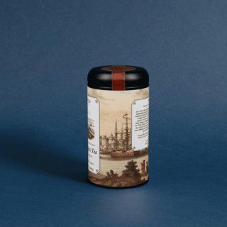 Tea canister with vintage design on a blue background