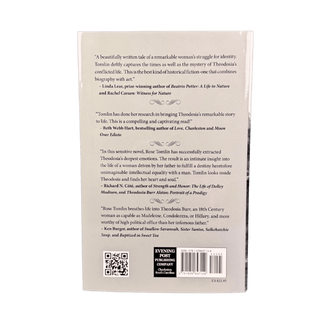 Back cover of a book with text and a QR code on a green background
