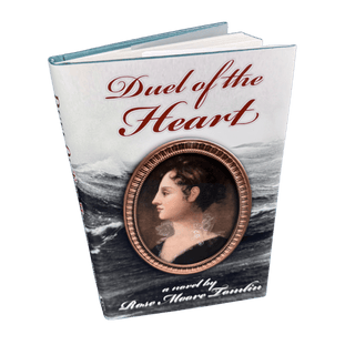 Book cover of 'Duel of the Heart' with a portrait and landscape design.