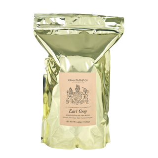 gold foil 1 lb bag with earl grey written on kraft paper label