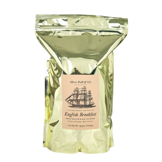 Gold foil 1 lb bag with english breakfast written on kraft paper label